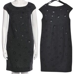 Vince Charcoal Black Wool Cap Sleeve Shift Dress Sequin Polka Dots Pockets Sz 10